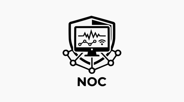 Network Operations Center (NOC) logo representing data security and network monitoring, with a shield, computer screen displaying a waveform, and network nodes