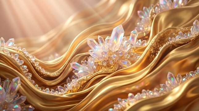 Luxurious gold fabric, wavy metallic texture, crystal embellishments, shiny golden background, elegant decorative pattern
