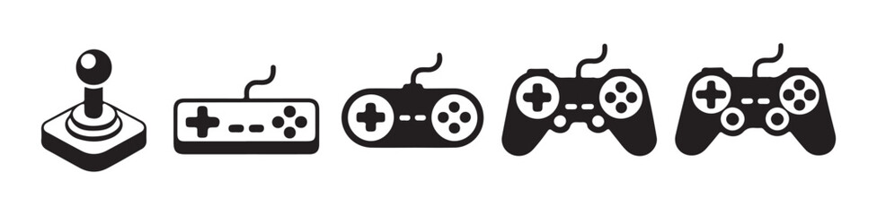 Group of various game controllers and joysticks for electronic gaming in simple black vector icons set. © MSTGIRATUN