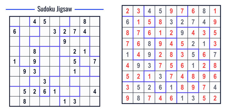 Sudoku Jigsaw puzzle layout in blue grid design with numbers  