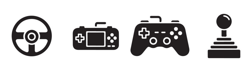 Set of black vector gaming equipment icons including steering wheel, handheld, gamepad, and joystick. © MSTGIRATUN