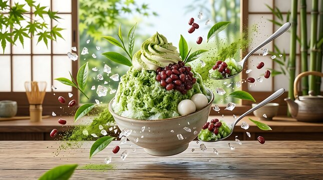 Serene Matcha Dessert with Red Bean and Mochi, Embracing Japanese Culinary Artistry and Refreshing Flavors