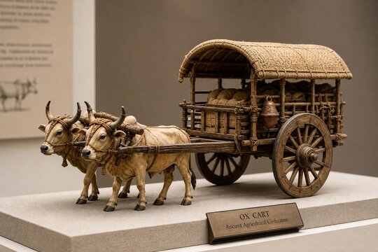 Miniature detailed oxcart model on a museum pedestal, soft gallery lighting.