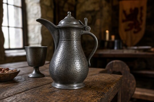 Medieval pewter flagon with hammered texture on rustic wooden tavern table.