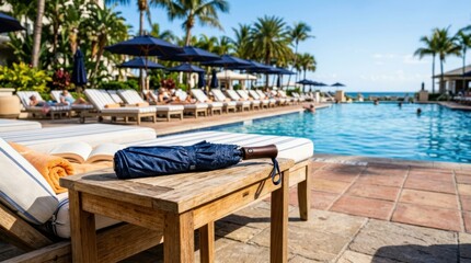 Obraz premium Luxurious Poolside Lounge Area with Sunbeds and Palm Trees at Tropical Resort.