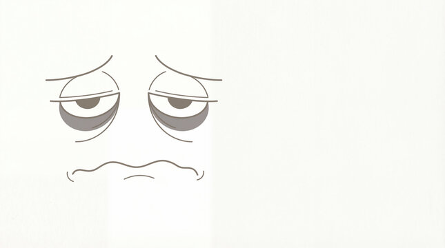 Tired face with droopy eyes and sad expression drawn in simple line art style on white background
