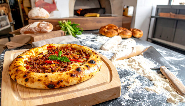 Freshly baked Turkish pide flatbread topped with seasoned minced meat, vegetables, and melted cheese on a wooden board in a bakery kitchen