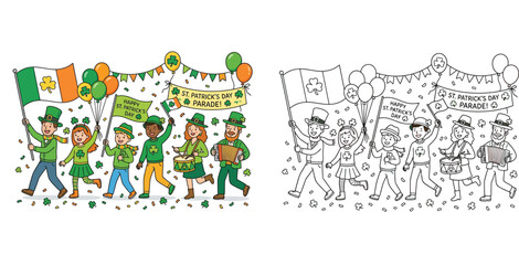 Fototapeta premium St. Patrick's Day Parade Illustration and Coloring Page Set Featuring Happy People, Children, Musicians, Irish Flag, Shamrocks, and Festival Decorations for Holiday Celebration