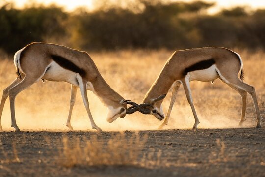 Two antelopes locking horns in a dusty savanna during golden hour.