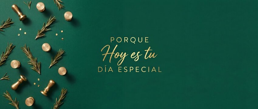 Gold wax stamp green background with Spanish calligraphy text Porque Hoy es tu Dia Especial decorated with rosemary sprigs and luxury confetti for wedding invitation card designs and celebrations.