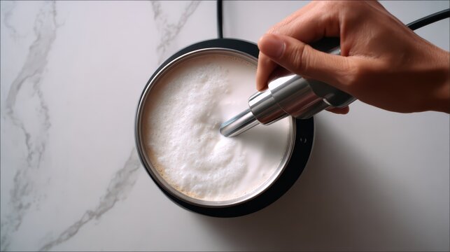 top view of automatic milk frother whisking milk, foamy texture, slight view of hand holding whisk, soft minimal surface, ultra realistic photography, shot like high quality canon camera