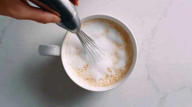 top view of automatic milk frother whisking milk, foamy texture, slight view of hand holding whisk, soft minimal surface, ultra realistic photography, shot like high quality canon camera