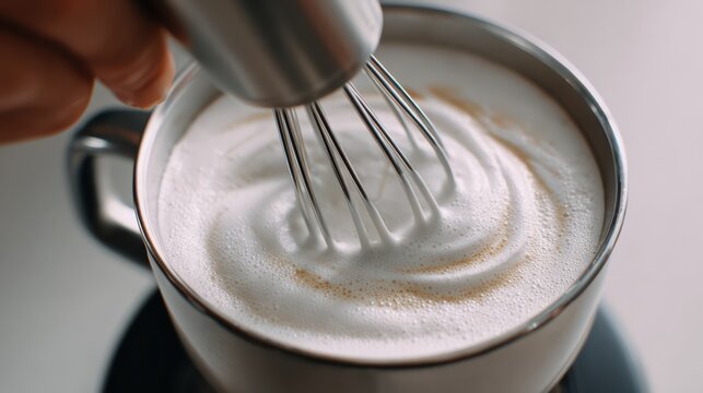 top view of automatic milk frother whisking milk, foamy texture, slight view of hand holding whisk, soft minimal surface, ultra realistic photography, shot like high quality canon camera