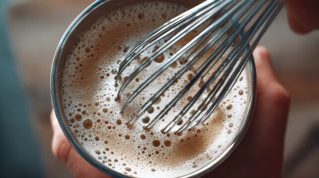 top view of automatic milk frother whisking milk, foamy texture, slight view of hand holding whisk, soft minimal surface, ultra realistic photography, shot like high quality canon camera