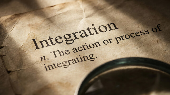 Integration dictionary definition printed on vintage parchment paper with magnifying glass.