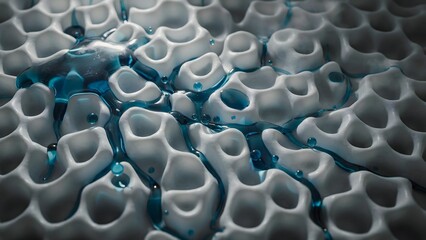 Fototapeta premium Abstract close-up of porous white and blue gel texture with irregular holes