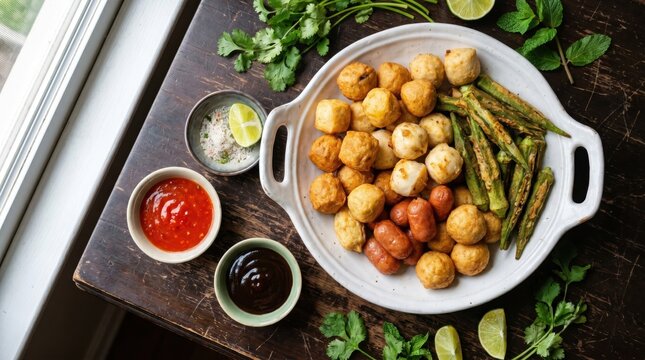 Appetizer Platter with Fried Fish Balls Sausages and Okra Served with Dipping Sauces on Rustic Wooden Table for Asian Street Food Concept or Party Catering