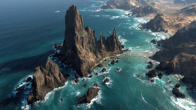 Overhead aerial view of Piedra de la Iglesia with dramatic Pacific coastline. 