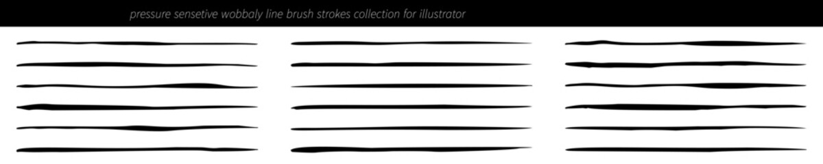 Pressure sensitive wobbly line brush strokes collection for Illustrator, hand drawn ink marks with varying width and organic texture in expressive sketchy style. Artistic overlay elements for design © Sunil