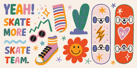 Retro Skateboarding Illustration With Skateboard Decks And Floral Elements © Bipul