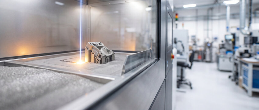 Industrial metal 3D printing process with laser powder bed fusion prototype inside factory