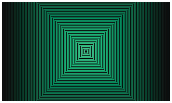 Green linear square pattern with dark contrast creating nested frame tunnel and symmetrical effect.