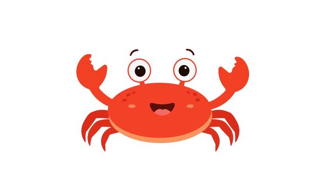 Minimal Flat Design Animation of Cute Smiling Cartoon Crab Character With Large Eyes And Raised Claws.  Marine Education, Children's Content, Mascots, And Fun Animated Red Crab. Isolated Animal