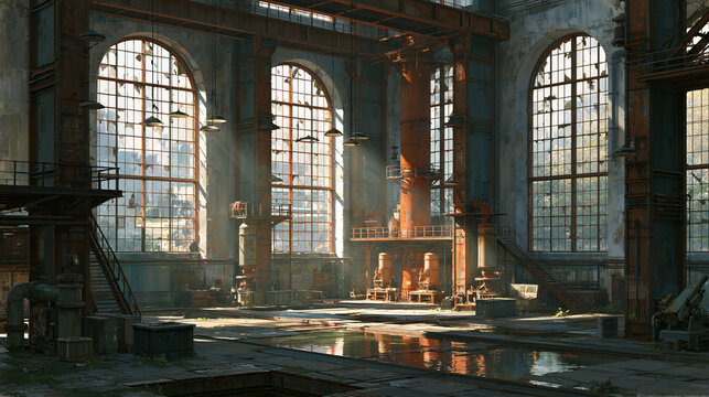 Abandoned Industrial Warehouse with Sunbeams