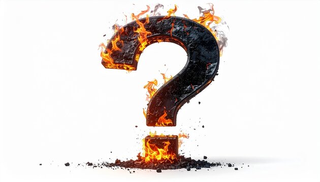 Realistic close-up burning question mark, glowing embers, dramatic contrast, curiosity concept, isolated against pure white background, detailed.