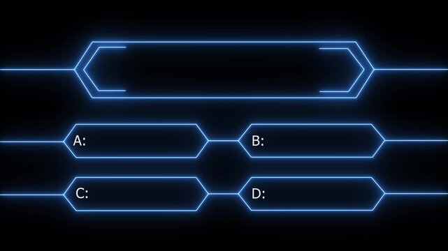 Animation of a neon quiz line with a choice of answer options on a black background. Question mark motion animation, futuristic cyber tech visual, asking doubts confusing motion graphics 4K.