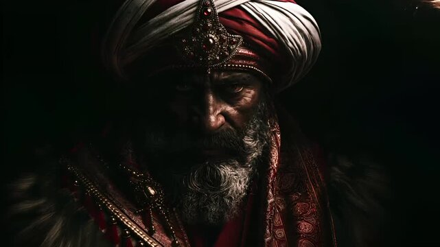 Europe medieval lifestyle. A closeup portrait of an elderly man, captured in a dramatic style. He wears a turban adorned with intricate red and gold embellishments and a long, white beard.