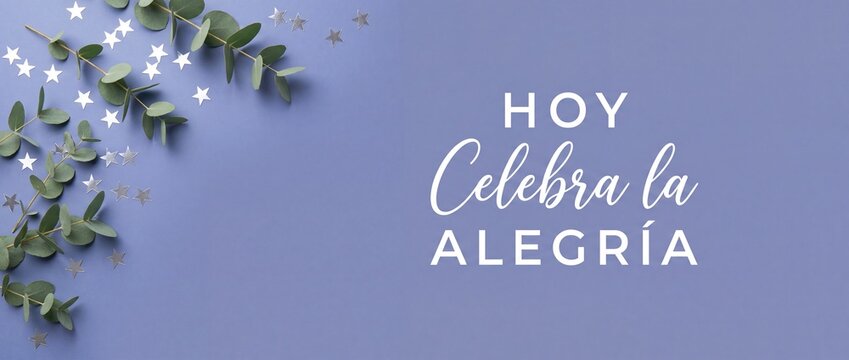 Spanish celebration background with eucalyptus leaves and silver stars design featuring Spanish text Hoy Celebra la Alegria on soft purple backdrop ideal for greeting cards, banner, and festive decor.