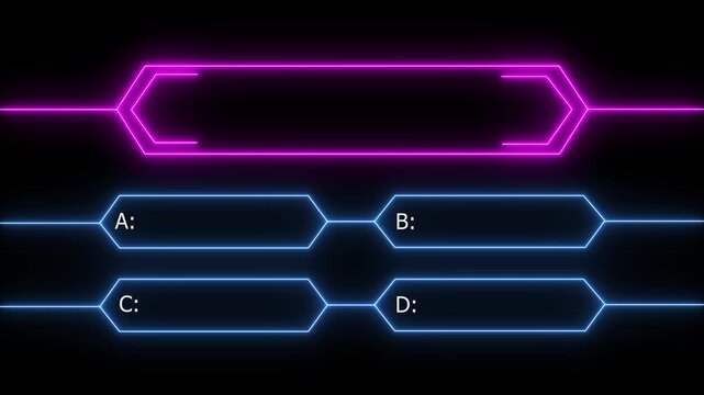 Animation of a neon quiz line with a choice of answer options on a black background. Question mark motion animation, futuristic cyber tech visual, asking doubts confusing motion graphics 4K.