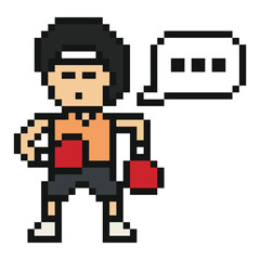 Fototapeta premium Cartoon cute man exercises training boxing pugilism punch 8 bit fisticuffs gym fitness art.