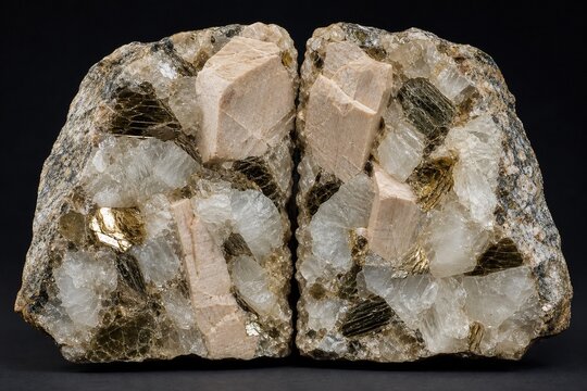 Split pegmatite rock specimen showing large interlocking crystals.