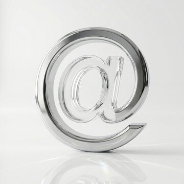 Highly Detailed Freestanding 3D Chrome and Glass At Symbol with Mirror Finish on White Reflective Background