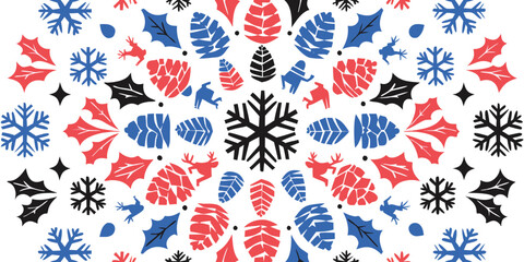 Geometric christmas mandala with reindeer snowflakes pine cones and holly. © SarwarGfx