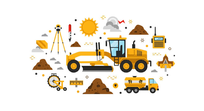 Motor Grader and Heavy Construction Equipment Vector Illustration for Civil Engineering and Roadwork Projects