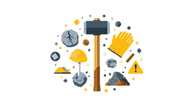 Construction and Mining Equipment Flat Vector Illustration with Sledgehammer, Hard Hat, Work Glove, and Safety Signage on White Background