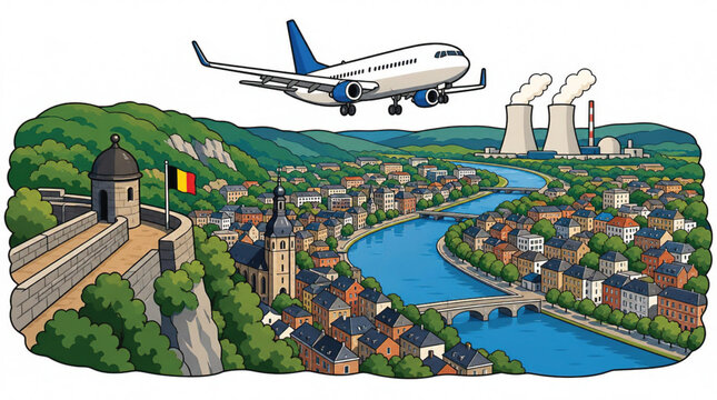 Airplane flying over a town.