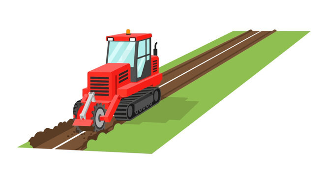 Red Isometric Trencher Machine Digging a Deep Trench in a Field, Heavy Duty Excavation Equipment for Cable and Pipe Installation, Vector Illustration Isolated on White Background