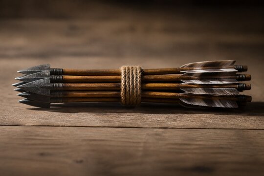 Five arrows bound together, symbolizing unity, on a simple wooden surface.