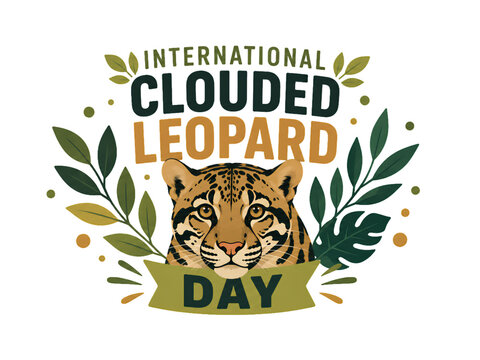 International Clouded Leopard Day colorful typography design featuring clouded leopard portrait and tropical botanical elements vector illustration