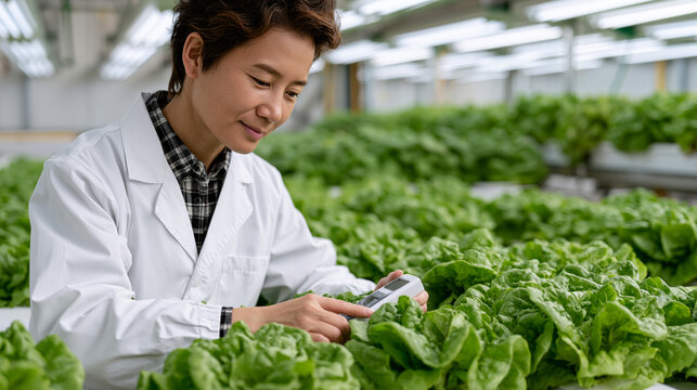 Laboratory technician in a hydroponic research facility carefully measures EC and pH levels in a nutrient reservoir tank, adjusting mineral solution ratios for lettuce crops