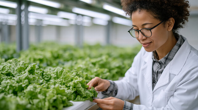 Laboratory technician in a hydroponic research facility carefully measures EC and pH levels in a nutrient reservoir tank, adjusting mineral solution ratios for lettuce crops