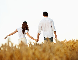 Obraz premium Couple, holding hands and love with back view in meadow, partner and support with care in nature. People, marriage and romance outdoor for healthy relationship, bonding and together with trust