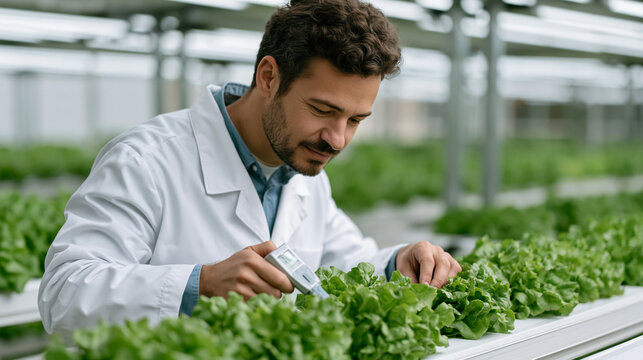 Laboratory technician in a hydroponic research facility carefully measures EC and pH levels in a nutrient reservoir tank, adjusting mineral solution ratios for lettuce crops