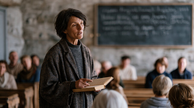 Welsh language immersion class for adults held in a converted stone chapel in Snowdonia, a teacher pointing to handwritten dialect vocabulary on a chalkboard as a dozen learners