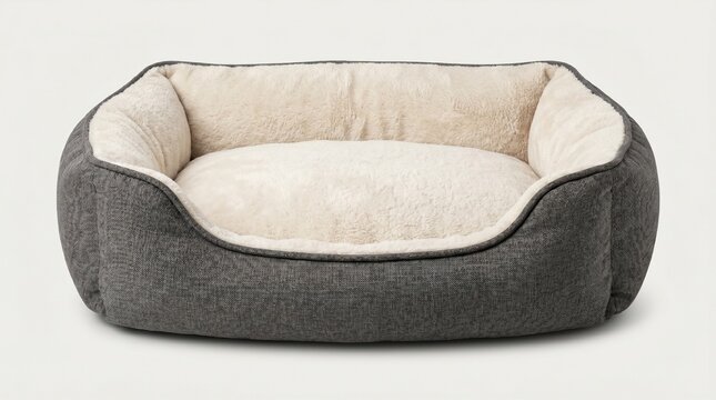 A cozy grey pet bed with a soft cream-colored plush interior, designed for comfort and relaxation for dogs or cats.
