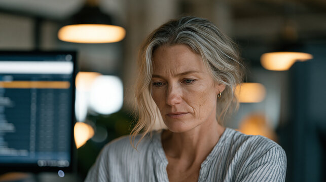 Senior content moderator in an industrial open-plan office scanning a live dashboard of AI-flagged posts, her expression focused and fatigued, a large secondary monitor showing